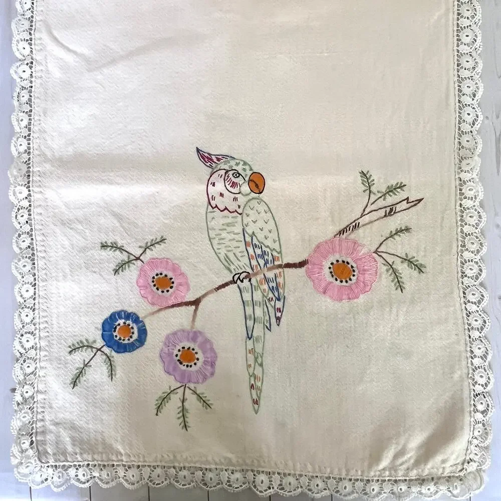 Vintage Embroidered Table Runner Vanity / Dresser Scarf Parrot Floral Lace Trim